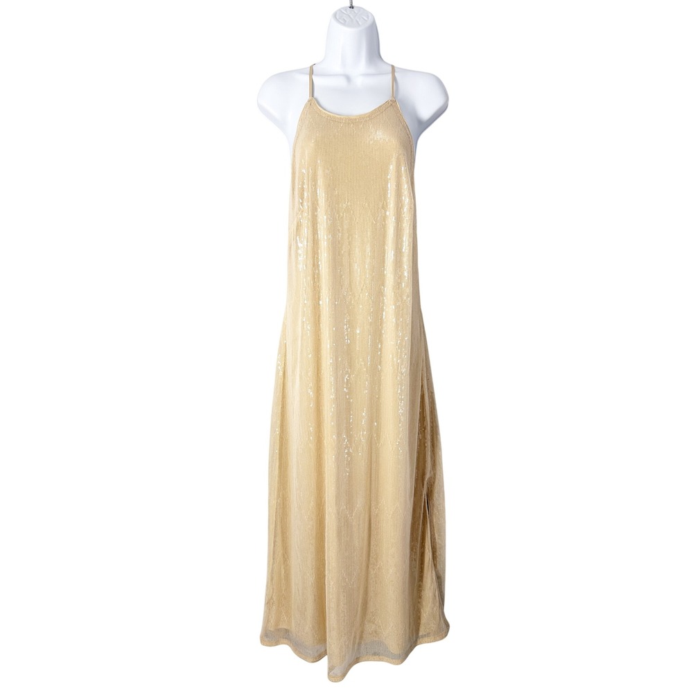 A New Day Sleeveless Nude Beige Clear Sequin Strappy Maxi Dress Women Size Small